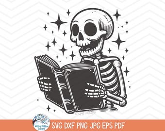 Skeleton Reading a Book SVG for Cricut, Book Lover Clipart, Fall Funny Halloween Skull Shirt Design PNG, Funny Halloween JPG, Love to Read