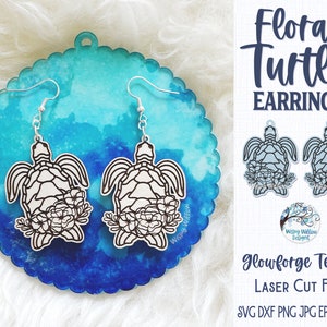 Archivo SVG de aretes de tortuga marina con diseño floral para Glowforge o cortador láser, joyería de playa náutica, aretes de animales marinos de verano, joyería de madera Xtool