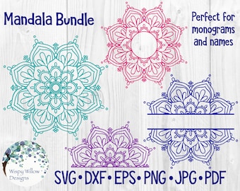 Paquete de mandalas SVG, DXF, png, jpg, pdf, borde de mandala, borde de monograma, borde de nombre, descarga, boho, hippie, Cricut, silueta, archivo de corte