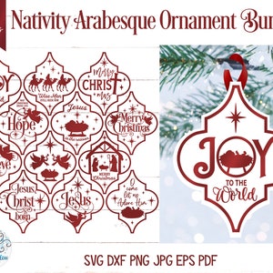 May include: A digital bundle of 12 arabesque-shaped Christmas ornaments featuring dark red nativity-themed designs and text on a white background, including phrases like Joy to the World, Merry Christmas, and Jesus is the reason, with file formats listed.