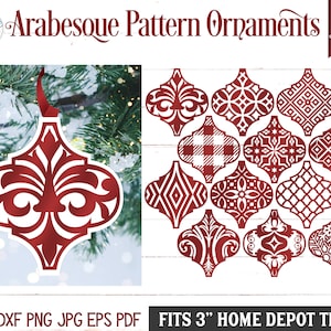 May include: A digital collection of 12 Arabesque pattern ornaments in deep red, featuring various geometric and floral cut-out designs. The set includes SVG, DXF, PNG, JPG, EPS, and PDF file formats, specifically sized to fit 3-inch Home Depot tiles.