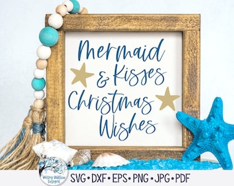 Besos de sirena y deseos navideños SVG, Navidad en la playa SVG, letrero de playa, Navidad playera Svg, PNG, archivo de calcomanía de vinilo para Cricut