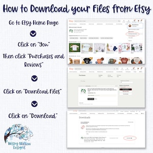 May include: A step-by-step guide on how to download digital files purchased from Etsy. The guide shows screenshots of the Etsy website with instructions on how to navigate to the "Purchases and Reviews" section, then click on "Download Files" and finally click on "Download".