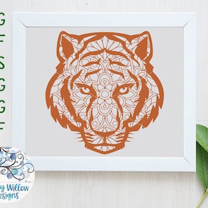 Tijger gezicht mandala SVG-bestand voor Cricut, Zoo African Animal Floral Zentangle Design, ingewikkelde tijger clipart PNG JPG, Vinyl Decal gesneden bestand