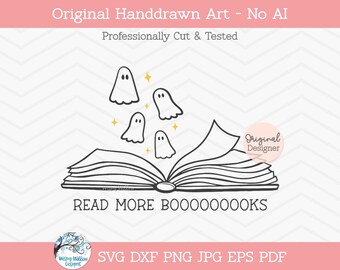 Leia mais livros em SVG para Cricut, Fantasma engraçado de Halloween em PNG, Design de livro de Halloween "Boo!", Arquivo de decalque de vinil de outono - Download em SVG, PNG e JPG