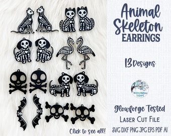 May include: A collection of black and white animal skeleton earring designs including cats, dogs, flamingos, bats, and skulls. The text reads Animal Skeleton EARRINGS, 13 Designs, Glowforge Tested LASER CUT FILE, and Click to see all!