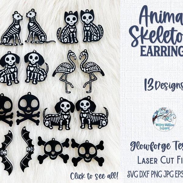 Animal Skeleton Earring Bundle, Halloween Cat, Skeleton Dog, Bat Earring, Flamingo, SVG AI DXF Jewelry File for Glowforge or Laser Cutter,