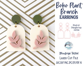 Boho Plant Branch Earring File SVG for Glowforge or Laser Cutter, Modern Plant Leaves Silhouette. Dangle Acrylic Jewelry Design, AI, DXF
