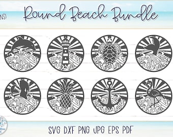 Round Beach SVG Bundle for Cricut, Nautical Summer Ocean Designs, Anchor, Dolphin, Mermaid, Flamingo, Whale, Sea Turtle, Lighthouse, JPG PNG