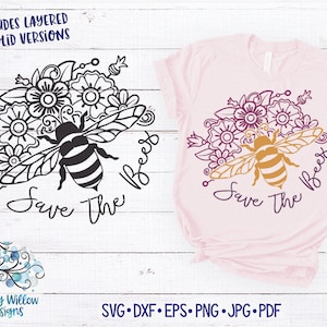 Save The Bees SVG File for Cricut, Floral Bee Mandala, Summer Animal Shirt with Flowers, Inspirational Quote, Ecofriendly, Hippie PNG, JPG