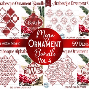 May include: A digital download of 59 Christmas ornament designs in SVG, DXF, PNG, JPG, and EPS formats. The designs feature an arabesque style with red and white colors. The designs include a variety of Christmas themes, such as "Merry Christmas", "Winter Wonderland", and "Peace".