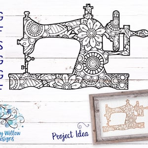 May include: A black and white line art illustration of a sewing machine with intricate floral and geometric patterns. The design is perfect for crafting projects, home decor, or digital downloads.
