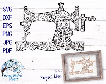 Sewing Machine Zentangle SVG, DXF, png, jpeg, Digital Download, Sewing SVG, Floral, Intricate, Zentangles, Cut File, Craft, Vinyl, Mandala