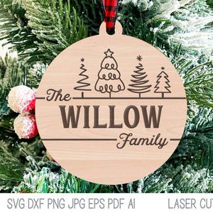 Personalized Family Last Name Christmas Ornament SVG File for Laser Cutter, Christmas Tree Doodle, Glowforge, Xtool Engraved Wood Ornament
