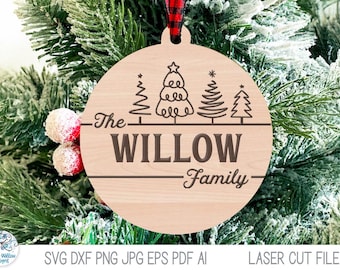 Personalized Family Last Name Christmas Ornament SVG File for Laser Cutter, Christmas Tree Doodle, Glowforge, Xtool Engraved Wood Ornament