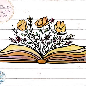 Book with Flowers Sublimation PNG, Floral Book PNG, Book with Flowers Growing, Vintage Book, Reading, Read, Yellow Book Png, Sublimation