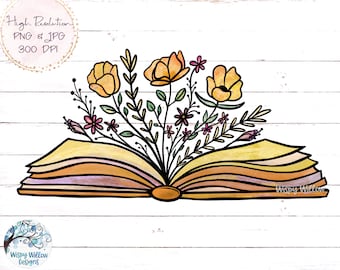 Buch mit Blumen Sublimation PNG, Florales Buch PNG, Buch mit Blumen wachsen, Vintage Buch, lesen, lesen, gelbes Buch Png, Sublimation