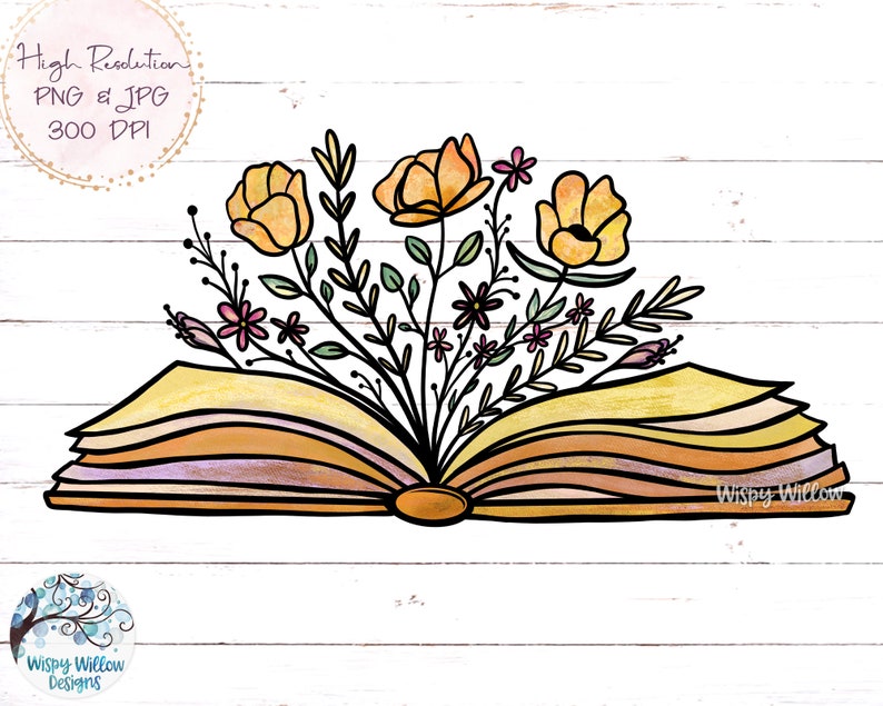 Op de afbeelding: Een open boek met gele en oranje bloemen die eruit groeien. Het boek is gesloten en heeft een aquareleffect. De bloemen zijn getekend in een cartoon-stijl.