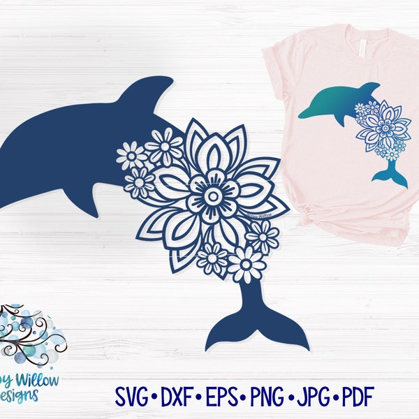 Floral Delfin SVG für Cricut, Delfin Mandala, Maritime Strand PNG mit Blumen, hübsche Sommer Ozean Tier Silhouette, Vinyl Aufkleber Datei