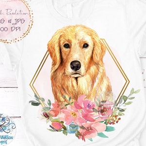 Sublimación de perro Golden Retriever Png, Golden Retriever con flores, Golden Retriever de acuarela, Perro con flores PNG, Camisa de perro floral JPG
