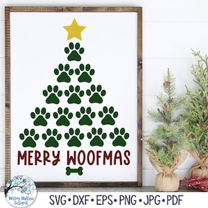 Merry Woofmas kerstboom SVG, grappige kerst hond SVG, pootafdruk kerstboom, Merry Christmas huisdieren, png, vinyl stickerbestand voor Cricut