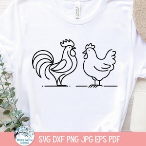 May include: Black and white line art illustration of a rooster and a hen. The rooster is on the left and the hen is on the right. Both are facing each other. The rooster has a large comb and wattles. The hen has a smaller comb and wattles. Both have long tails.