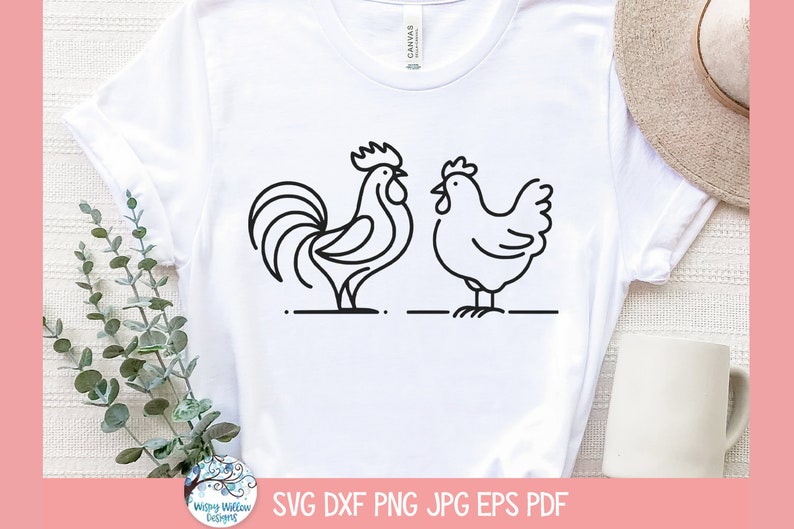May include: Black and white line art illustration of a rooster and a hen. The rooster is on the left and the hen is on the right. Both are facing each other. The rooster has a large comb and wattles. The hen has a smaller comb and wattles. Both have long tails.