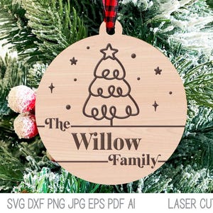 Personalized Family Last Name Christmas Ornament SVG File for Laser Cutter, Christmas Tree Doodle, Glowforge, Xtool Engraved Wood Ornament