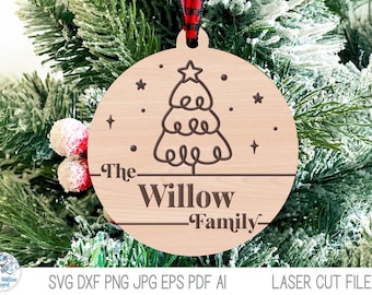 Personalized Family Last Name Christmas Ornament SVG File for Laser Cutter, Christmas Tree Doodle, Glowforge, Xtool Engraved Wood Ornament