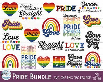 May include: A set of 20 Pride-themed SVG, DXF, PNG, JPG, EPS, and PDF designs. The designs feature rainbow colors, hearts, and text such as "Love is Love", "Pride", "Born This Gay", and "Straight Against Hate".