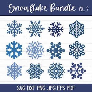 May include: A set of 12 blue snowflake designs in various styles. The snowflakes are arranged in a grid on a white wood background. The text "Snowflake Bundle Vol. 2" is at the top of the image. The text "SVG DXF PNG JPG EPS PDF" is at the bottom of the image.