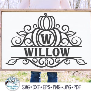 May include: A black and white SVG cut file design of a pumpkin with a monogram initial and the word "WILLOW" below. The design is ideal for creating a personalised autumn sign or home decor.