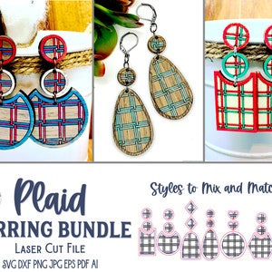 Plaid Earring Bundle, File for Glowforge or Laser Cutter, Fall Pattern Wood Earring, Autumn Plaid Jewelry SVG File, Stud and Dangle, AI, DXF