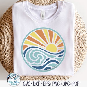 Beach Round SVG for Cricut, Layered Sun with Ocean Waves, Decal File Download for Silhouette, Sublimation Summer Beach PNG, Nautical Sea Jpg