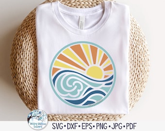 Beach Round SVG for Cricut, Layered Sun with Ocean Waves, Decal File Download for Silhouette, Sublimation Summer Beach PNG, Nautical Sea Jpg