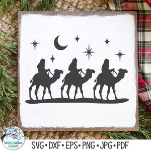 Re Magi SVG per Cricut, Tre Re che viaggiano sul presepe dei cammelli, disegno religioso di Natale, file di taglio della decalcomania del vinile per Silhouette