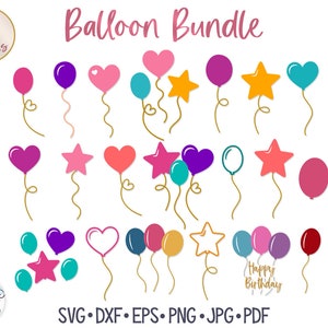 Ballon SVG Bundle für Cricut, Stern und Herz Ballons, Happy Birthday Ballon Designs, Ballon Umriss, Vinyl Aufkleber Datei für Silhouette