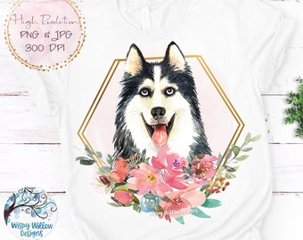 Può includere: T-shirt bianca con un'illustrazione ad acquerello di un cane husky sorridente con occhi blu, incorniciata da una forma geometrica dorata e una composizione floreale di fiori rosa e verdi. È visibile anche il testo "High Resolution PNG & JPG 300 DPI".