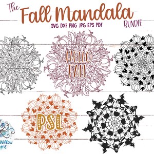 Op de afbeelding: Een set van vijf mandala-ontwerpen met een herfstthema. De ontwerpen bevatten pompoenen, bladeren en de woorden "Hello Fall" en "PSL".