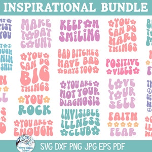 Lot de citations inspirantes SVG pour Cricut, dictons inspirants drôles rétro, aimez-vous, santé mentale, soins personnels, autocollants PNG hippie, JPG