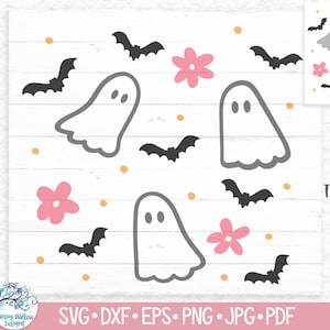 May include: A digital graphic design file featuring a repeating pattern of grey ghosts, black bats, pink flowers, and small orange dots. The image includes a thumbnail showing the pattern layout and text stating TWO VERSIONS INCLUDED.