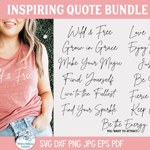 Może przedstawiać: Pakiet cyfrowych plików do pobrania z 10 inspirującymi cytatami w ręcznie pisanym foncie. Cytaty obejmują: "Wild & Free", "Grow in Grace", "Make Your Magic", "Find Yourself", "Live to the Fullest", "Find Your Sparkle", "Be the Energy You Want to Attract", "Love Yourself", "Enjoy the Now", "Just Fly", "Be Inspired", "Fierce & Focused" oraz "Keep Growing".