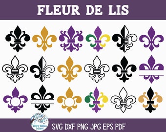 May include: A set of 16 Fleur-de-lis SVG cut files in various colors and styles, including solid black, gold, purple, green, and white. Some designs feature a monogram or circle for personalization.
