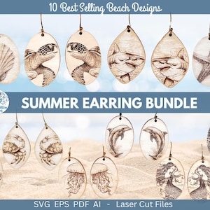 Sommer Strand Ohrring SVG Datei Bundle für Laser Cutter, Meeresschildkröte, Hai, Muschel, Qualle, Meerjungfrau, Delfin, Seepferdchen, Krabbe, Schmuck