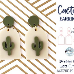 Archivo SVG de aretes de cactus para Glowforge o cortador láser, diseño de aretes colgantes con silueta de planta bohemia moderna, archivo de joyería de acrílico cortado con láser