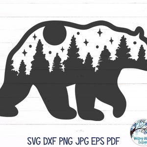 Forest Bear SVG for Cricut, Bear Silhouette with Forest, Trees, Stars, Moon, Night Sky Animal, Camping Vinyl Decal File for Silhouette
