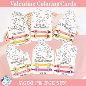Valentine kleurkaarten SVG-bundel voor Cricut, pentekening kind valentijnscadeau klaslokaal, kaartsjabloon krijthouder, eenhoorn, dinosaurus DXF
