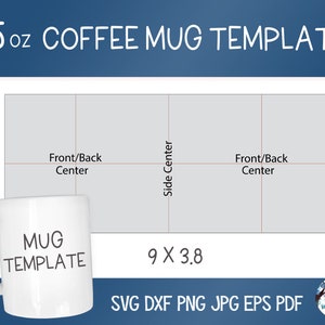 15 Oz Mug Template, Kaffeetasse Wrap Vorlage für Sublimation, Sublimation Wrap Guide JPG für Kaffeetasse mit Mittellinien, SVG Download