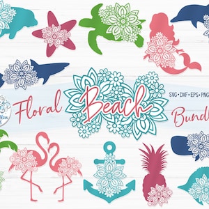 Floral Strand SVG Bundle, Meerestiere mit Blumen, Delfin mit Blumen, Flamingo Mandala, Anker Vinyl Aufkleber Datei