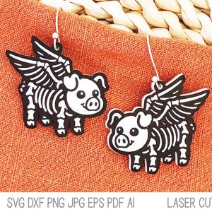 Flying Pig Skeleton Earring SVG File for Laser Cutter, Mythical Funny Animal Halloween Jewelry for Glowforge, Xtool, Cute Pig Earring Design
